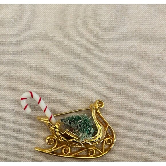 Vintage Gold Tone Sleigh Pin Brooch Candy Cane Mini Bottle Brush Christmas Tree - Picture 1 of 5